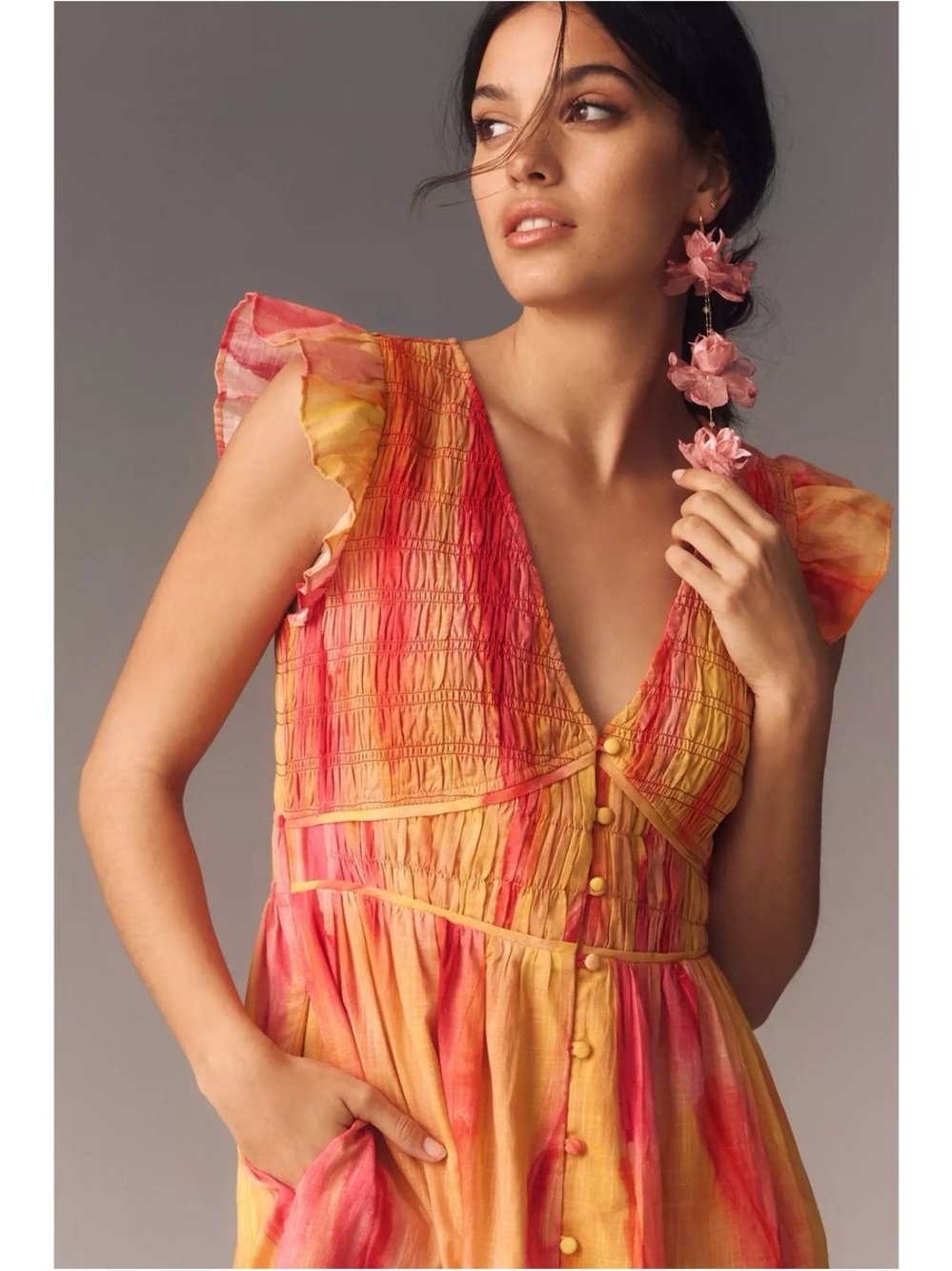 Anthropologie Peregrine Midi Dress Large Orange Pink Smocked NWOT $168